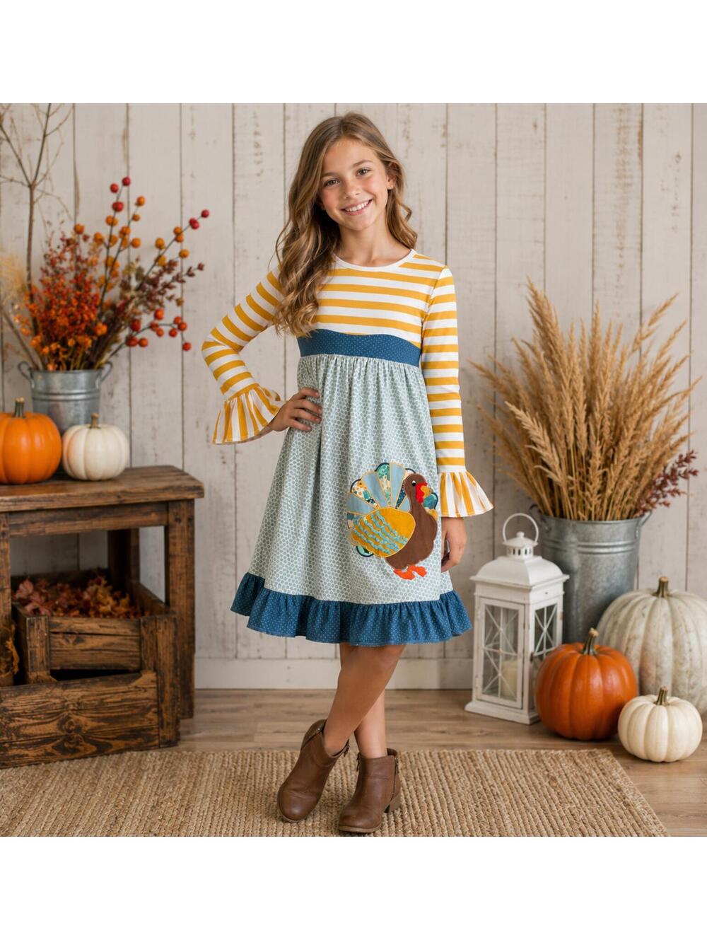 Kids Boutique Turkey Thanksgiving Dress Size 10 Bell Sleeve Fall Dress